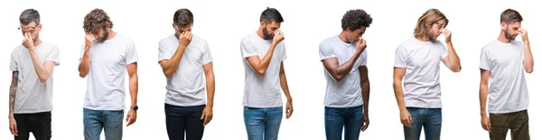 화이트에 화이트 티셔츠를 히스패닉 아프리카 남자의 콜라주 피곤된 바르고 스트레스와 — 스톡 사진