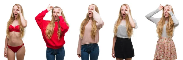 Collage Ung Blond Tjej Över Vit Isolerade Bakgrund Gör Gest — Stockfoto