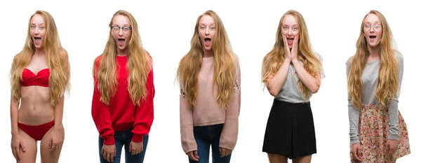 Collage Ung Blond Tjej Över Isolerade Vitbakgrund Rädd Och Chockad — Stockfoto