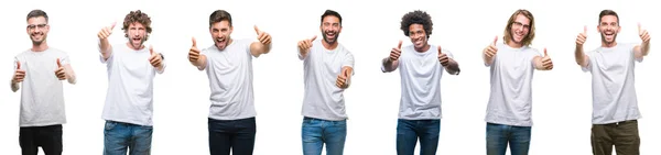 Collage Unga Kaukasiska Spansktalande Afro Män Bär Vit Shirt Över — Stockfoto