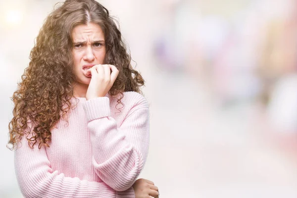 Beautiful Brunette Curly Hair Young Girl Wearing Pink Winter Sweater — Stock Photo, Image