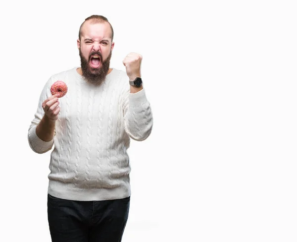 Man Van Jonge Kaukasische Hipster Zoete Donut Eten Geïsoleerd Background — Stockfoto