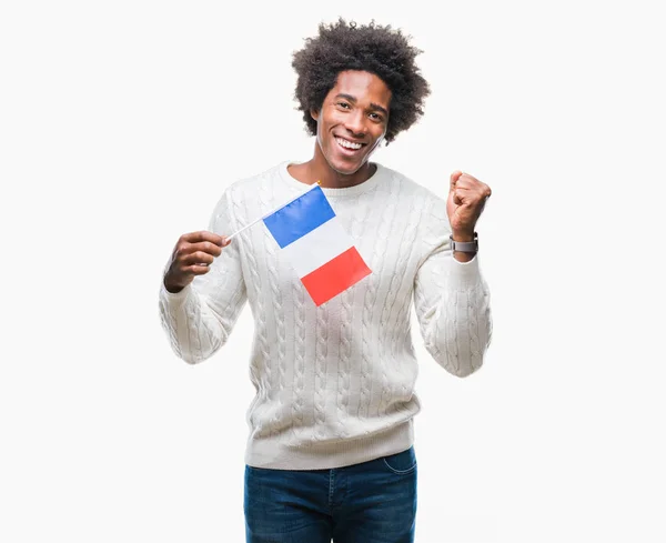 Afro Americano Uomo Bandiera Della Francia Sfondo Isolato Urlando Orgoglioso — Foto Stock