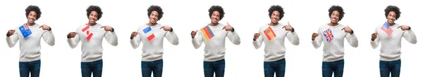 Collage Afroamerikanska Ung Man Hålla Lands Flagg Över Isolerade Bakgrund — Stockfoto