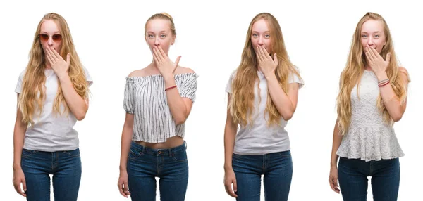 Collage Young Blonde Girl White Isolated Background Cover Mouth Hand — Stock Photo, Image