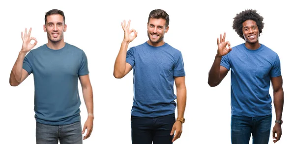 成群结队的西班牙裔和非洲裔美国男子在孤立的背景微笑积极做确定的迹象与手和手指 成功的表达 — 图库照片