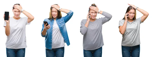Collage Young Girl Using Smartphone White Isolated Background Stressed Hand — Stock Photo, Image