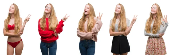 Collage Eines Jungen Blonden Mädchens Vor Weißem Hintergrund Das Lächelnd — Stockfoto