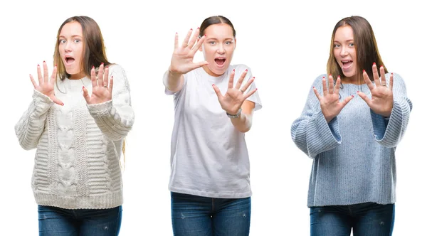 Collage Van Jong Mooi Meisje Winter Trui Dragen Witte Geïsoleerd — Stockfoto