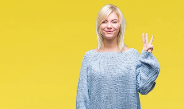 Jonge Mooie Blonde Vrouw Dragen Winter Trui Geïsoleerde Achtergrond Weergeven — Stockfoto