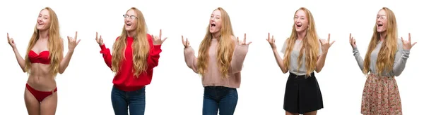 Collage Young Blonde Girl White Isolated Background Shouting Crazy Expression — Stock Photo, Image
