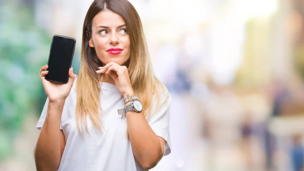 Boş Ekran Smartphone Izole Arka Plan Ciddi Bir Yüz Düşünme — Stok fotoğraf