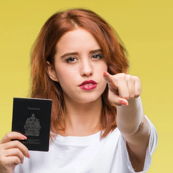 Young Beautiful Woman Holding Passport Canada Isolated Background Pointing Finger — Stock Photo, Image