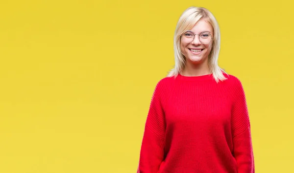 Joven Hermosa Mujer Rubia Con Suéter Gafas Sobre Fondo Aislado — Foto de Stock