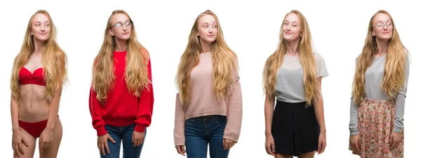 Collage Von Jungen Blonden Mädchen Über Weißem Isoliertem Hintergrund Die — Stockfoto