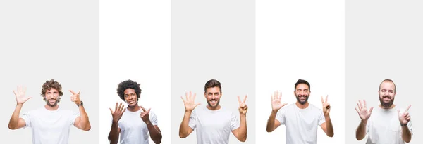 コラージュ白い分離背景表示と指で上向きに白い シャツを着て若い白人 ヒスパニック 黒人男性の数は自信を持って 幸せな笑みを浮かべている間 — ストック写真