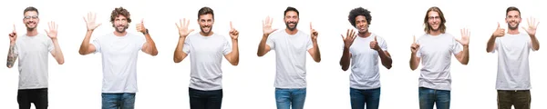 年轻的白种人 西班牙 非洲男子穿着白色 T恤在白色孤立的背景显示和手指指向第六 同时微笑着自信和快乐 — 图库照片
