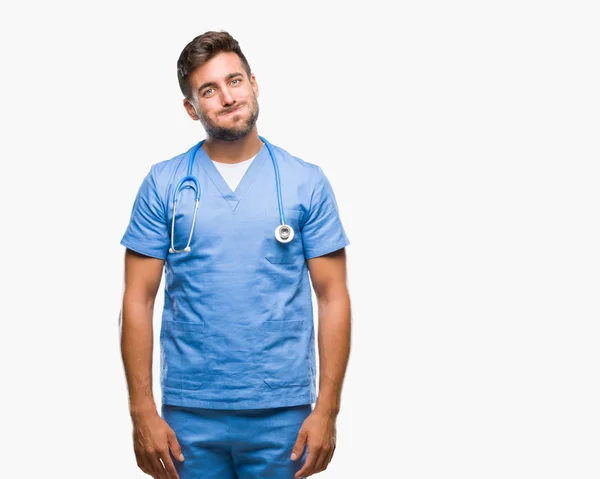 Jonge Knappe Dokter Chirurg Man Geïsoleerde Achtergrond Puffend Wangen Met — Stockfoto