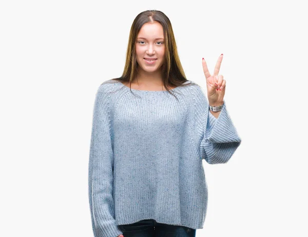 Young Beautiful Caucasian Woman Wearing Winter Sweater Isolated Background Showing — Stock Photo, Image