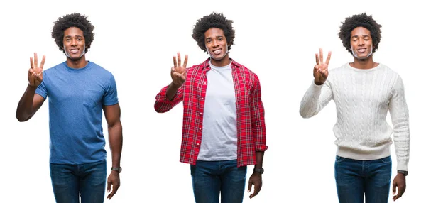 Colagem Afro Americano Jovem Bonito Homem Sobre Fundo Isolado Mostrando — Fotografia de Stock