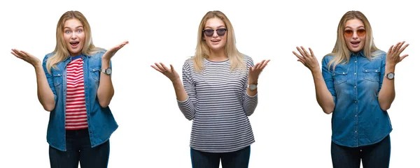Collage Einer Jungen Schönen Blonden Frau Mit Sonnenbrille Über Weißem — Stockfoto
