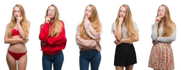 Collage Ung Blond Tjej Över Vita Isolerade Bakgrund Med Hand — Stockfoto