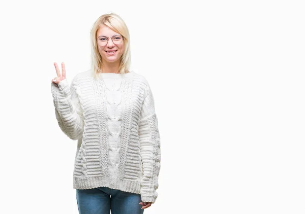 Unga Vackra Blonda Kvinnan Bär Vinter Tröja Och Glasögon Över — Stockfoto