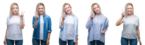 Collage Van Mooie Blonde Jonge Vrouw Geïsoleerde Achtergrond Weergeven Met — Stockfoto