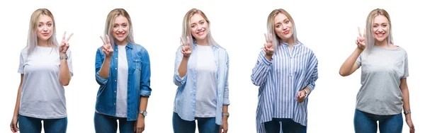 Collage Einer Schönen Blonden Jungen Frau Vor Isoliertem Hintergrund Die — Stockfoto