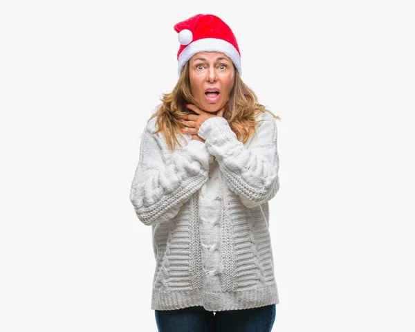 Μέση Ηλικία Ανώτερος Ισπανόφωνος Γυναίκα Φοράει Καπέλο Χριστουγέννων Πάνω Από — Φωτογραφία Αρχείου