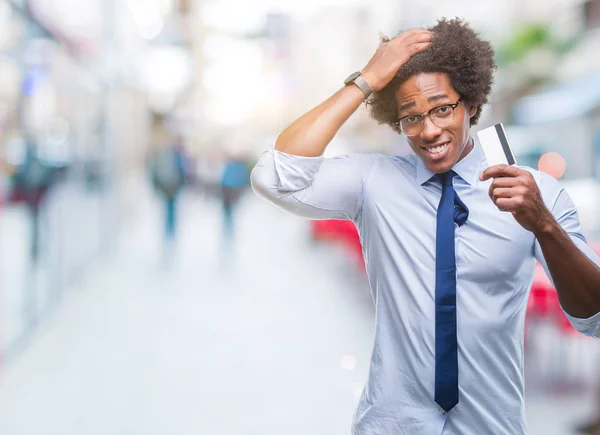 Afro American Man Holding Credit Card Isolated Background Stressed Hand — Stock Photo, Image