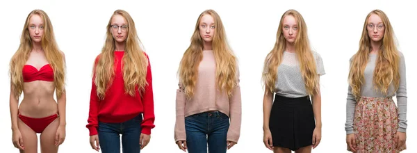 Collage Ung Blond Tjej Över Vit Isolerade Bakgrund Deprimerad Och — Stockfoto