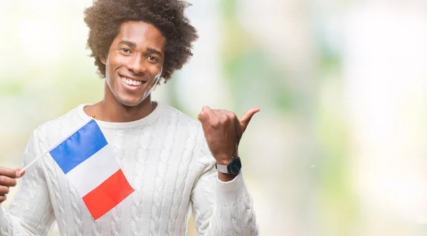 Афро Американский Флаг Мужчины Франции Изолированном Фоне Указывая Показывая Большим — стоковое фото