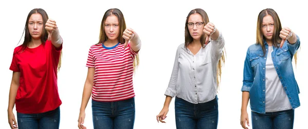 Colagem Menina Bonita Jovem Sobre Fundo Isolado Branco Olhando Infeliz — Fotografia de Stock