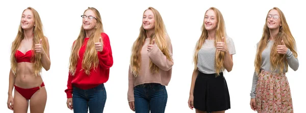 拼贴画年轻的金发女孩在白色孤立的背景做愉快的拇指手势与手 批准表达式看着相机显示成功 — 图库照片