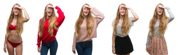 Collage Ung Blond Tjej Över Vita Isolerade Bakgrund Mycket Glad — Stockfoto