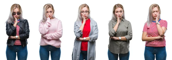 Collage Einer Schönen Blonden Jungen Frau Mit Isoliertem Hintergrund Die — Stockfoto