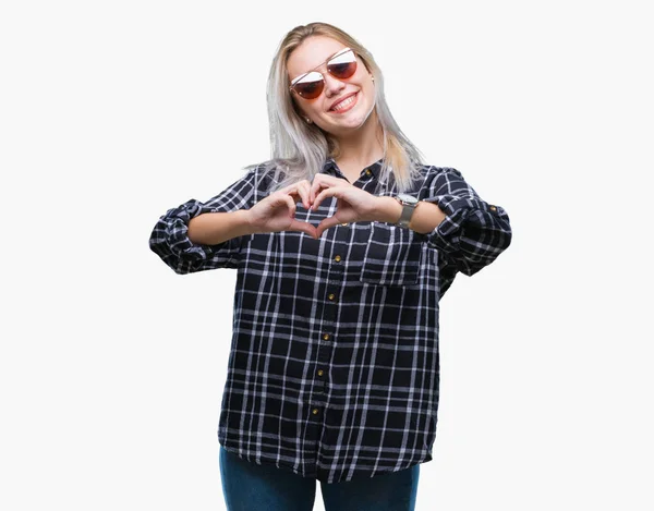 Young Blonde Woman Wearing Sunglasses Isolated Background Smiling Love Showing — Stock Photo, Image