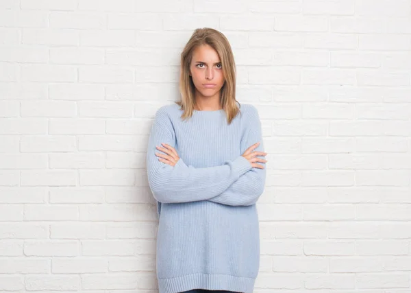 Beautiful Young Woman White Brick Wall Skeptic Nervous Disapproving Expression — Stock Photo, Image