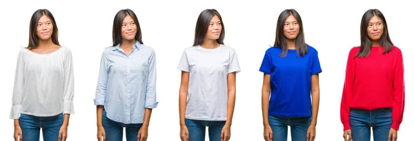 Skład Chiński Asian Kobieta Białym Tle Uśmiechnięty Patrząc Boku Patrząc — Zdjęcie stockowe