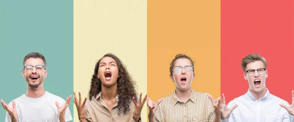 Kolaj Bir Grup Insan Üzerinde Renkli Arka Plan Çılgın Kızgın — Stok fotoğraf