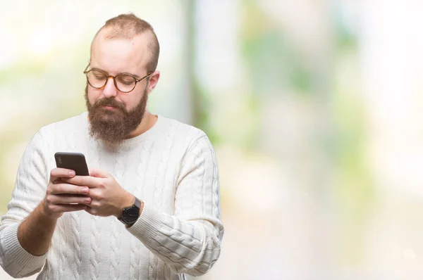 Giovane Hipster Caucasico Uomo Sms Invio Messaggi Utilizzando Smartphone Sfondo — Foto Stock
