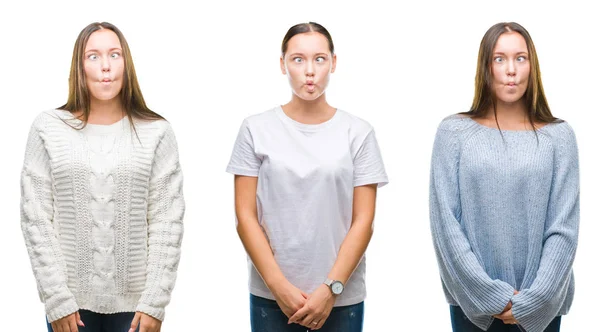 Collage Giovane Bella Ragazza Che Indossa Maglione Invernale Sfondo Bianco — Foto Stock