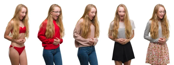 Collage Young Blonde Girl White Isolated Background Hand Stomach Because — Stock Photo, Image
