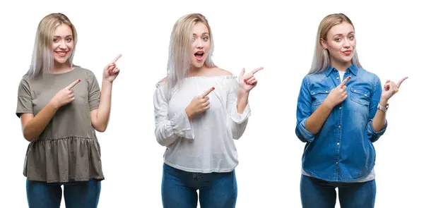 Collage Van Mooie Blonde Jonge Vrouw Geïsoleerde Achtergrond Glimlachen Kijken — Stockfoto