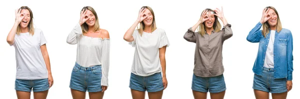 Collage Van Blonde Mooie Vrouw Dragen Casual Look Witte Geïsoleerde — Stockfoto