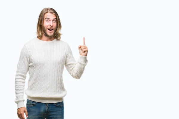 Homem Bonito Jovem Com Cabelos Longos Usando Camisola Inverno Sobre — Fotografia de Stock