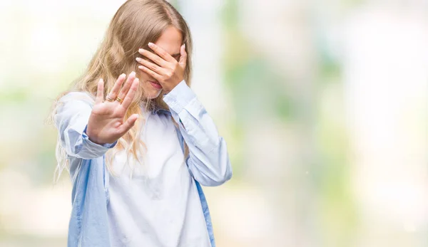 Beautiful Young Blonde Woman Isolated Background Covering Eyes Hands Doing — Stock Photo, Image