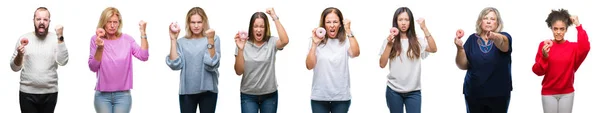 Colagem Grupo Pessoas Comendo Donut Sobre Fundo Isolado Irritado Frustrado — Fotografia de Stock