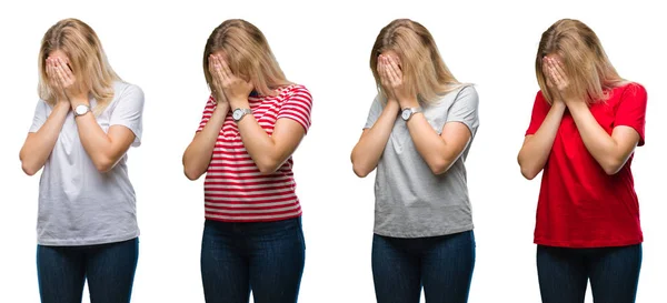 Collage Joven Hermosa Mujer Rubia Vistiendo Una Camiseta Sobre Fondo — Foto de Stock